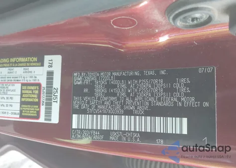 2007 Toyota Tundra Sr5 5.7L V8 from USA, damaged, VIN 5TFCV541X7X003939